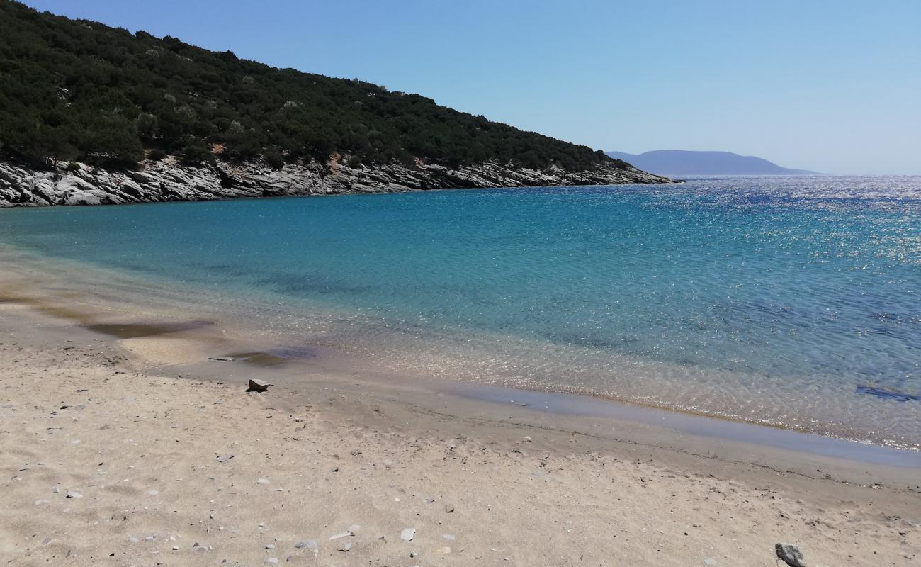 Limionas beach'in fotoğrafı açık bej kum yüzey ile