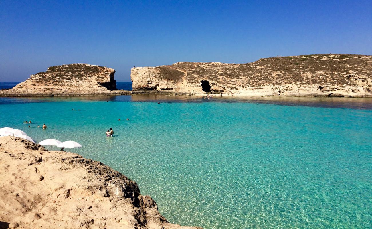 Cominotto Beach'in fotoğrafı parlak kum ve kayalar yüzey ile