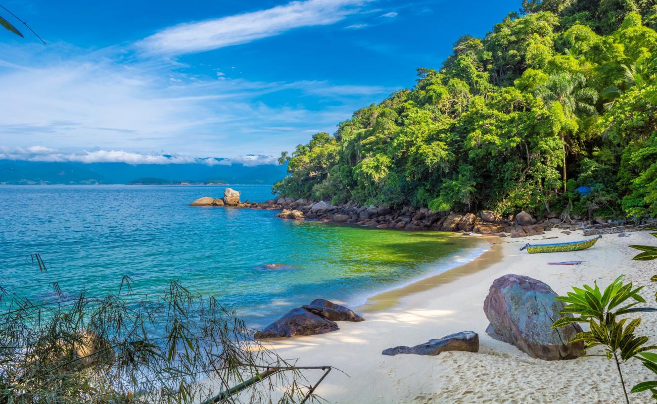 Ilha das Couves Beach'in fotoğrafı açık bej kum yüzey ile