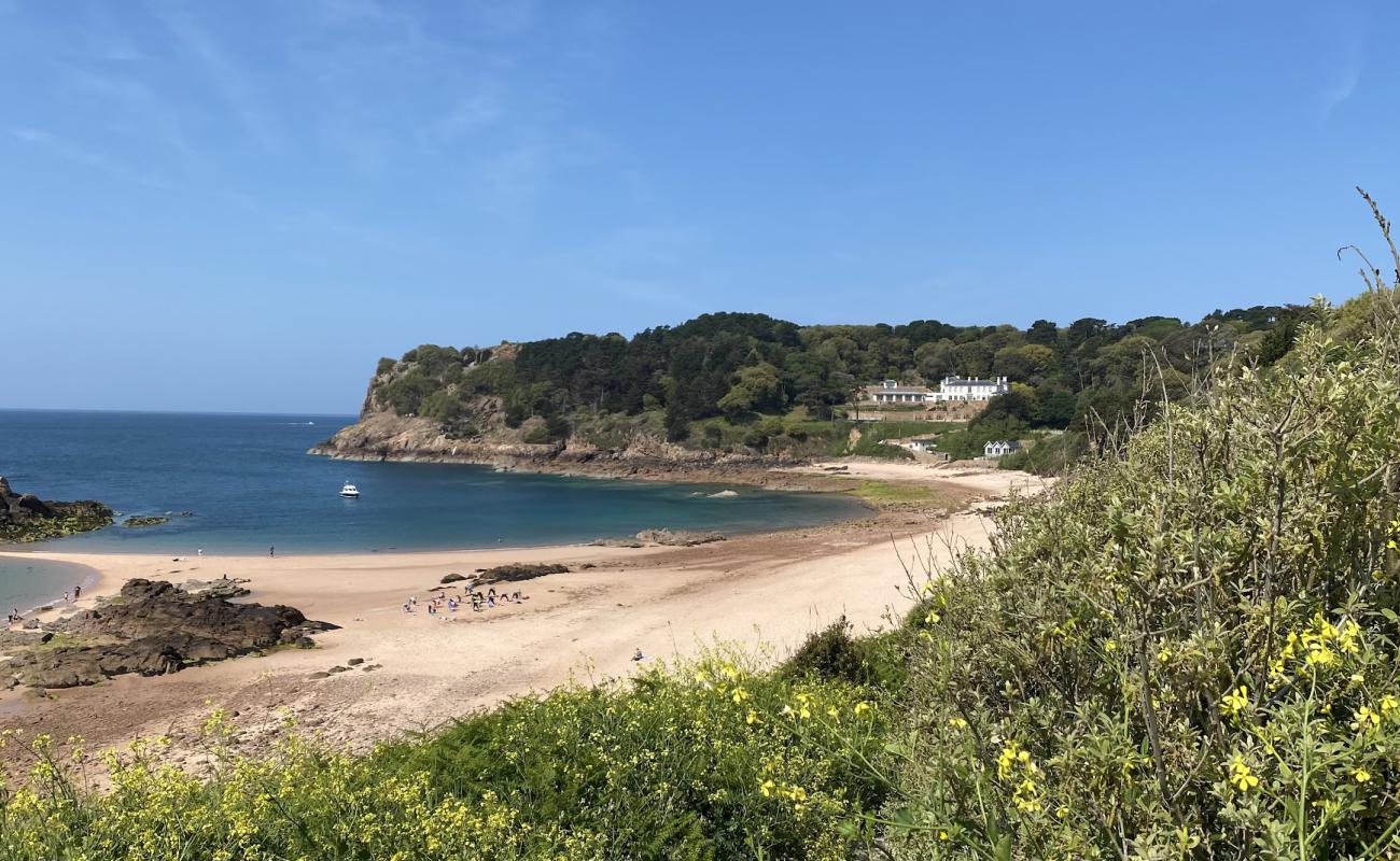 Portelet Beach'in fotoğrafı açık bej kum yüzey ile